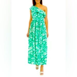 Maison Tara Green Floral One-Shoulder Maxi Dress Size 14W